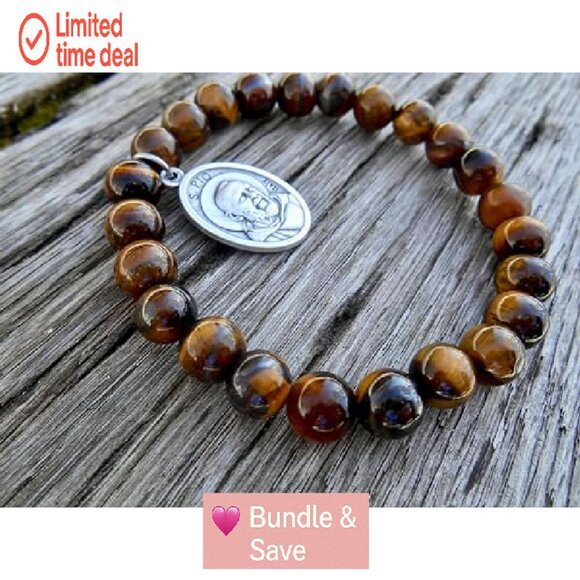 Stretch Tiger Eye Saint Pio Healing Bracelet Size Medium 7 Inch - Picture 5 of 8